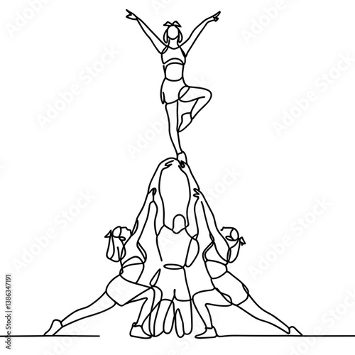 Group of cheerleaders performing a stunt in a line art style  