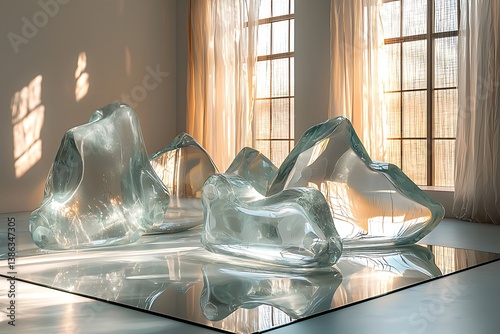 Transparent acrylic shapes placed on mirror surface with glowing light reflections and ambient shadows in a sterile studio setup