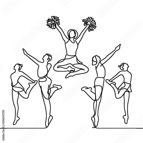 Cheerleaders celebrating joyfully in a line art style  