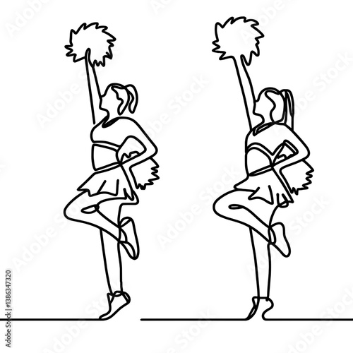 Two cheerleaders with pom-poms performing dynamic poses in line art style  