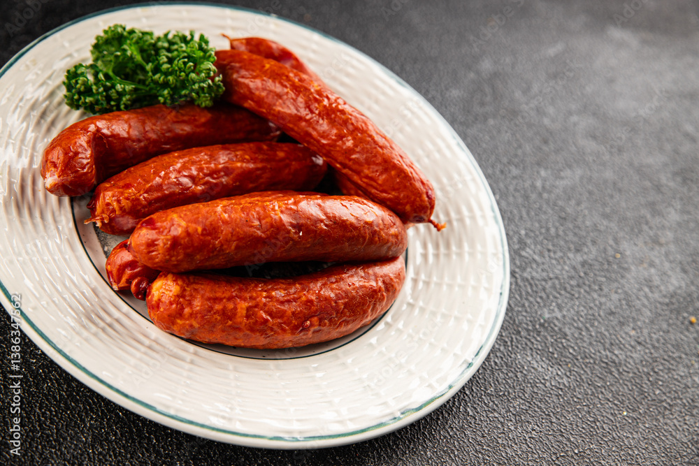 Sausages smoked pork meat beef dish fresh gourmet food background on table rustic food top view copy space Sausages smoked pork meat beef dish fresh gourmet food background on table rustic food top view copy space