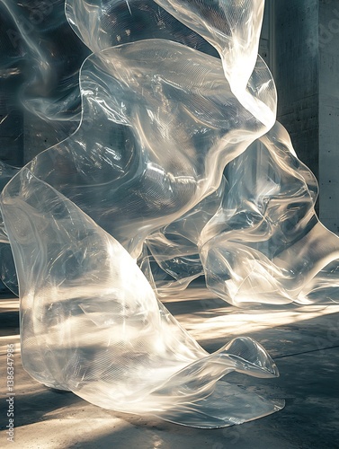 Transparent plastic sheets billowing mid-air inside industrial warehouse, strong side lighting casting dramatic shadows on rough concrete