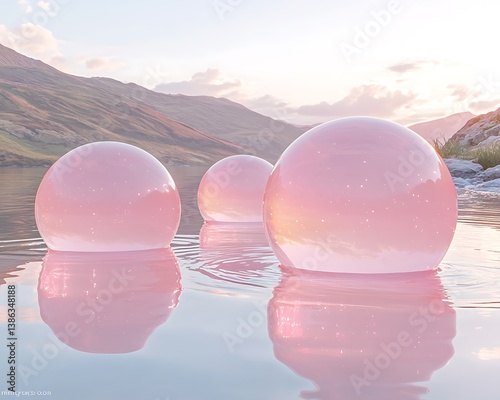 Transparent spheres rolling over mirror lake surface, reflecting cloud-streaked sky, dawn colors and soft ambient glow
