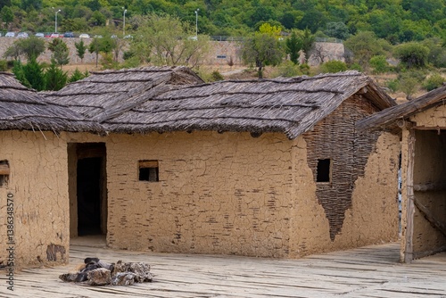 Houses of an old fishing village in a museum on the water on Lake Ohrid Macedonia. Bay of the bones.