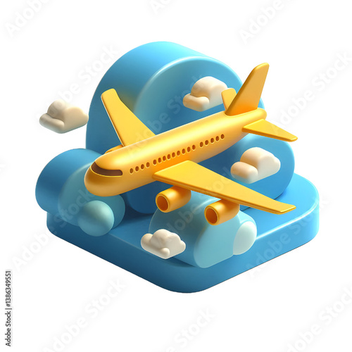 Vector 3d plane in sky icon. Simple cartoon render, flying yellow airplane in the clouds, isolated on white background