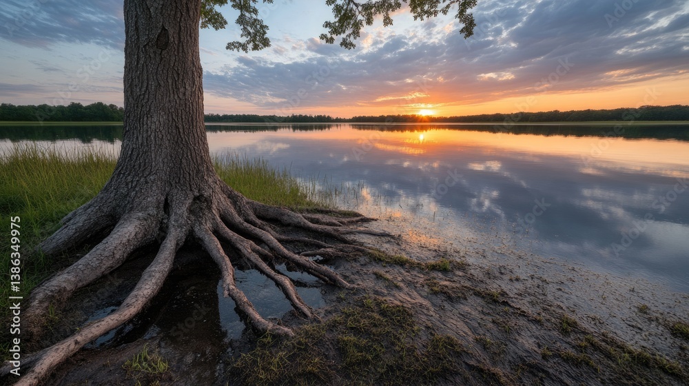 A serene sunset casts warm hues over a peaceful lake, where a sturdy tree with exposed roots stands at the water's edge, creating a beautiful natural composition