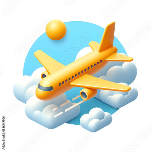 Vector 3d plane in sky icon. Simple cartoon render, flying yellow airplane in the clouds, isolated on white background