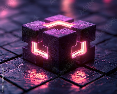 Ultra-modern wireframe logo with neon accents, geometric patterns, and depth-enhancing shadows, set against a futuristic gradient background