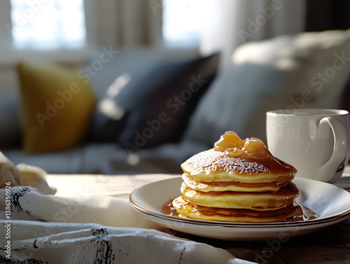Rustic breakfast scene with pancakes and coffee