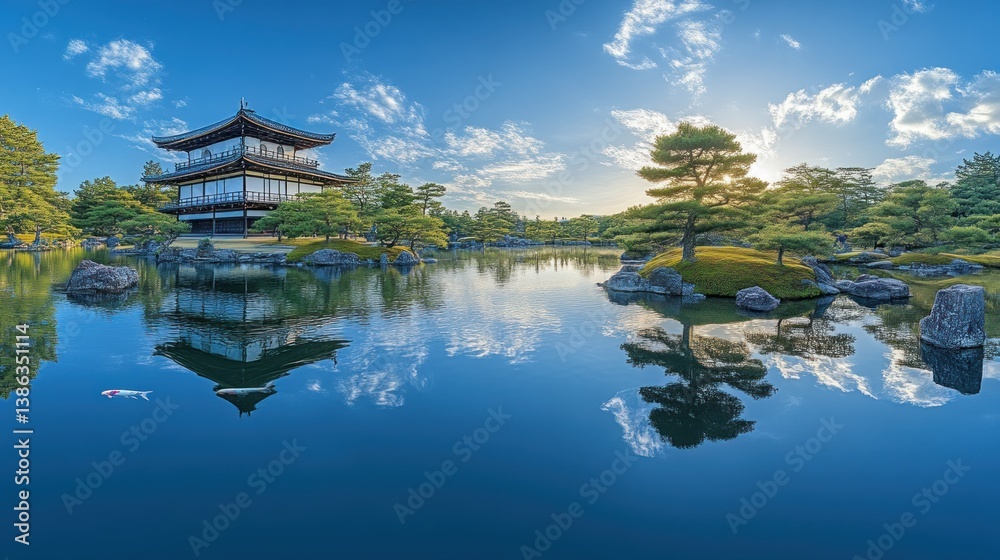 Naklejka premium Serene Reflections in a Traditional Garden with Architectural Beauty and Natural Harmony