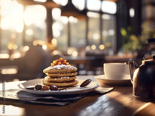 Rustic breakfast scene with pancakes and coffee