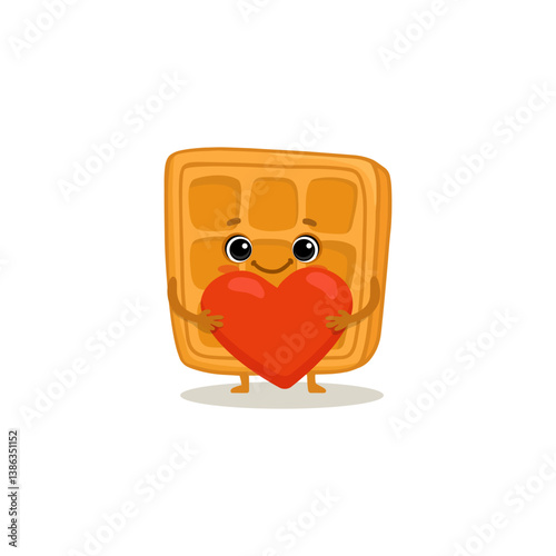 Happy cartoon Viennese waffle with red heart isolated on whute background. Cute wafer in flat style for card, menu, valentines day. Vector illustration