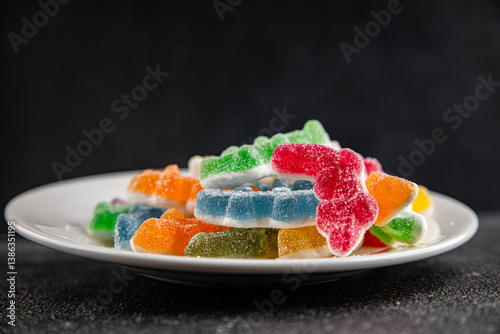 Jelly candy sweet dish dessert fresh gourmet food background on table rustic food top view copy space