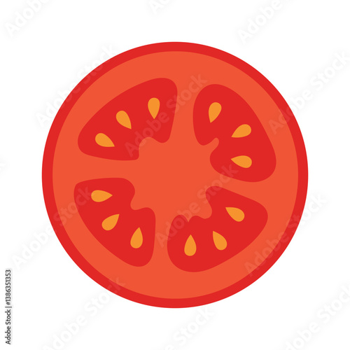 Tomato slice with seeds. Flat vector icon of juicy red vegetable, isolated on white background.