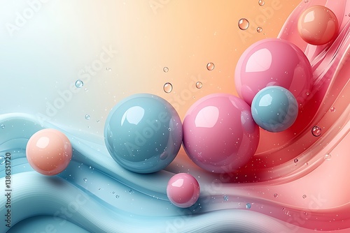 Vector composition of floating 3D geometric shapes, soft shadows, pastel colors, abstract design, light background, center aligned