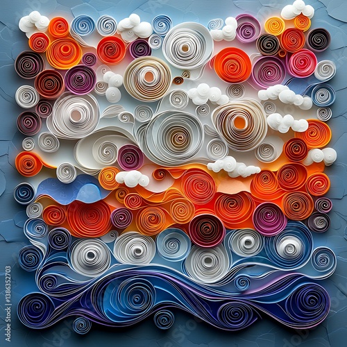 Vibrant 3D paper quilling artwork, abstract swirling shapes, rich color palette, intricate patterns, fine craftsmanship, soft lighting