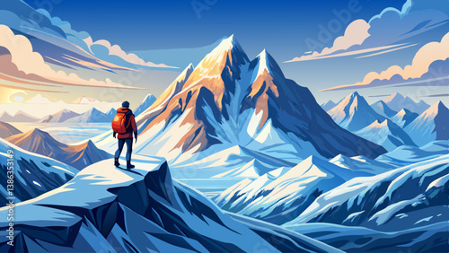 A lone climber standing at the summit of a snowy mountain, surrounded by vast silence