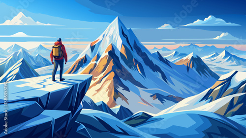 A lone climber standing at the summit of a snowy mountain, surrounded by vast silence