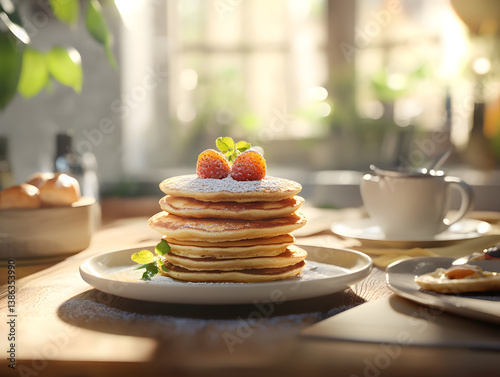 Rustic breakfast scene with pancakes and coffee