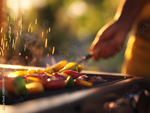 Person grilling vegetables on barbecue