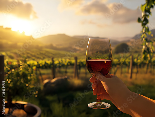 Person enjoying glass of wine at vineyard