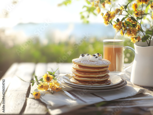 Rustic breakfast scene with pancakes and coffee