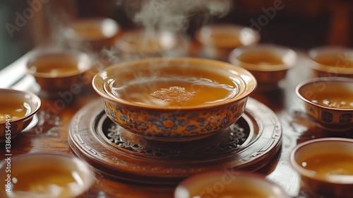 Steaming Tea in Traditional Bowls A Serene Moment of Warmth and Culture