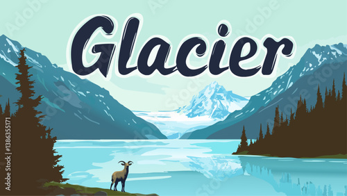 Glacier with Alpine Lakes and Rocky Peaks in Digital Drawing