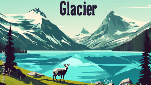 Glacier with Jagged Peaks and Mountain Goats in Vector Art