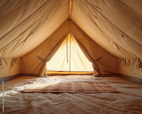 Weatherproof canvas tent roof viewed from inside, sunlight streaming through fabric, rustic outdoors mood, soft gradients, peaceful tension
