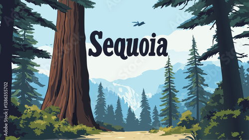 Sequoia with Colossal Trees and Forest Trails in Vector Art