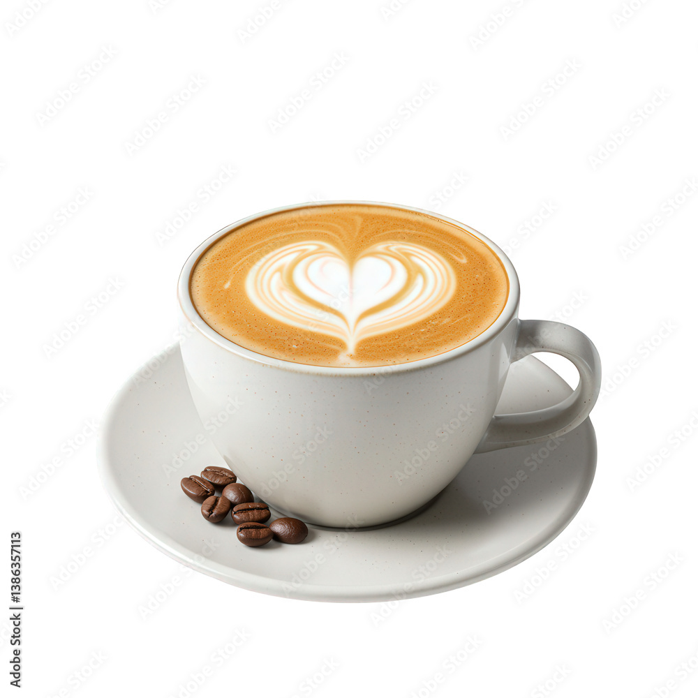 Latte art heart in a coffee cup with coffee beans. Latte art heart in a coffee cup with coffee beans.
