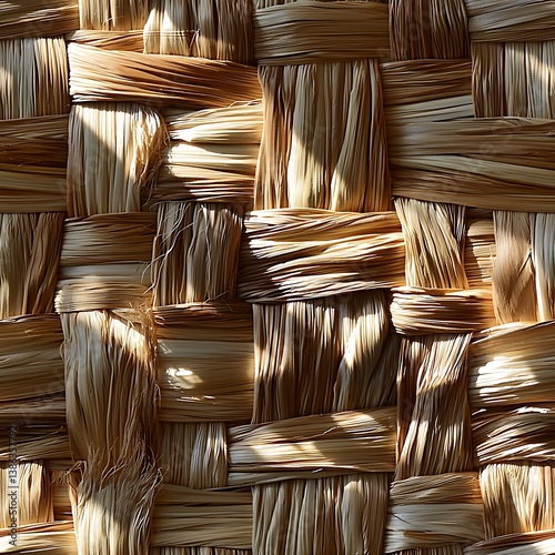 Woven straw mat in sunlight, intricate fibers and organic patterns highlighted with shadows, top-down view for natural texture detail