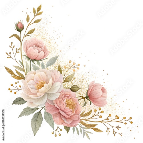 Fototapeta Naklejka Na Ścianę i Meble -  A delicate floral corner illustration features blush pink and cream peonies with soft green and gold foliage, accented by scattered gold dots.