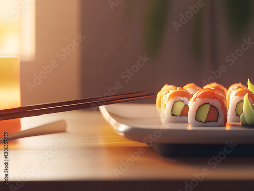 Close-up of sushi platter with chopsticks
