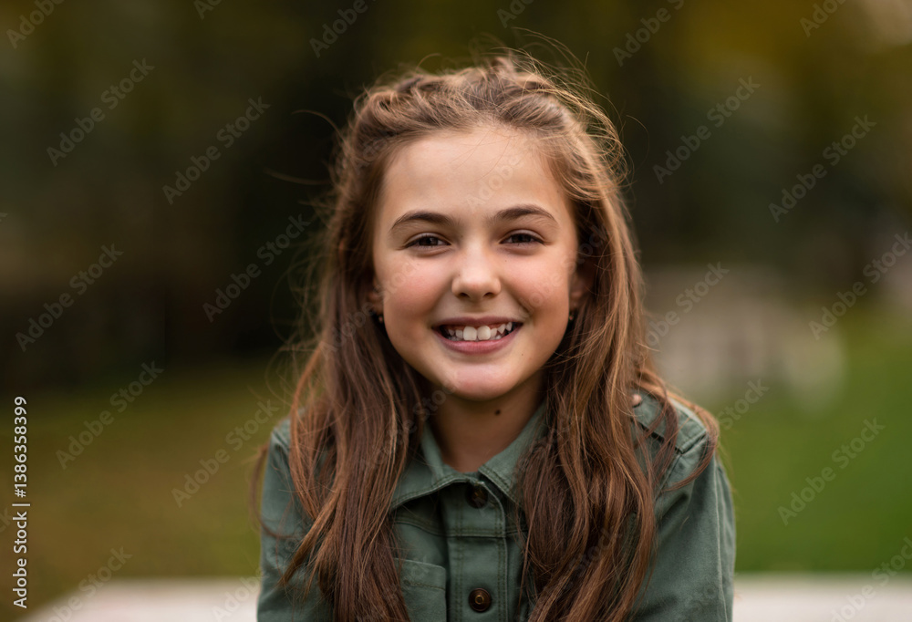 Portrait of a happy child girl in the spring park looking at the camera and smiling. Portrait of a happy child girl in the spring park looking at the camera and smiling.