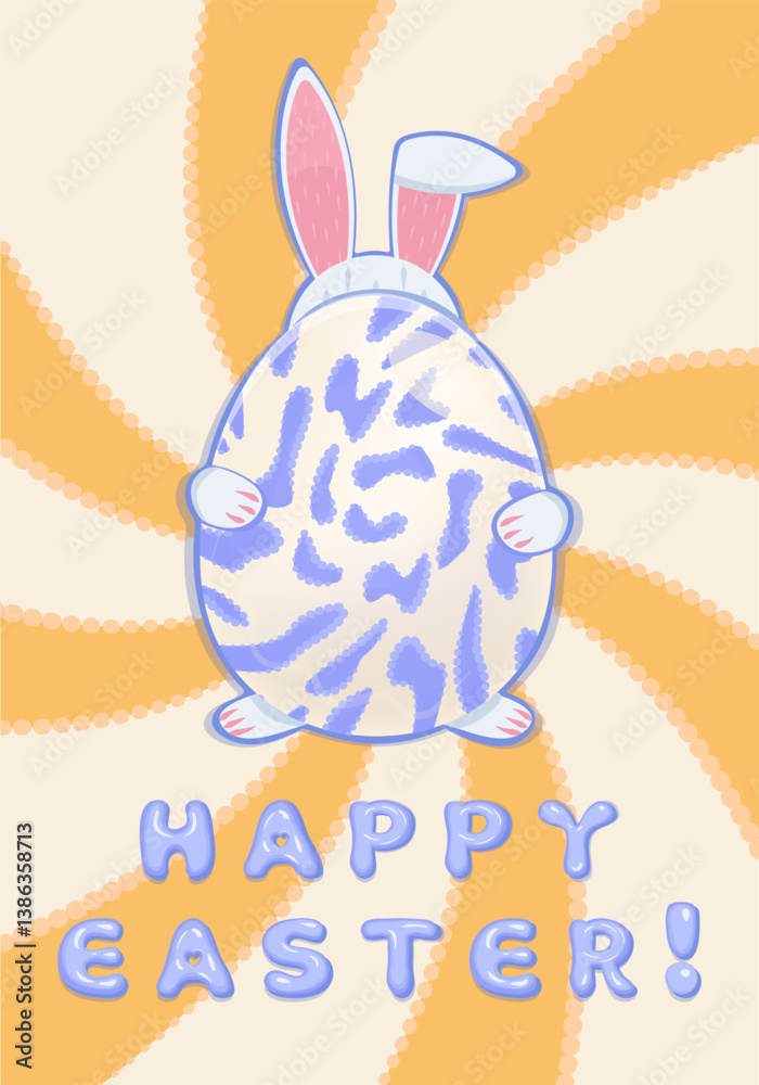 Easter poster with yellow swirl, rabbit and egg. Groovy y2k postcard, grunge retro card