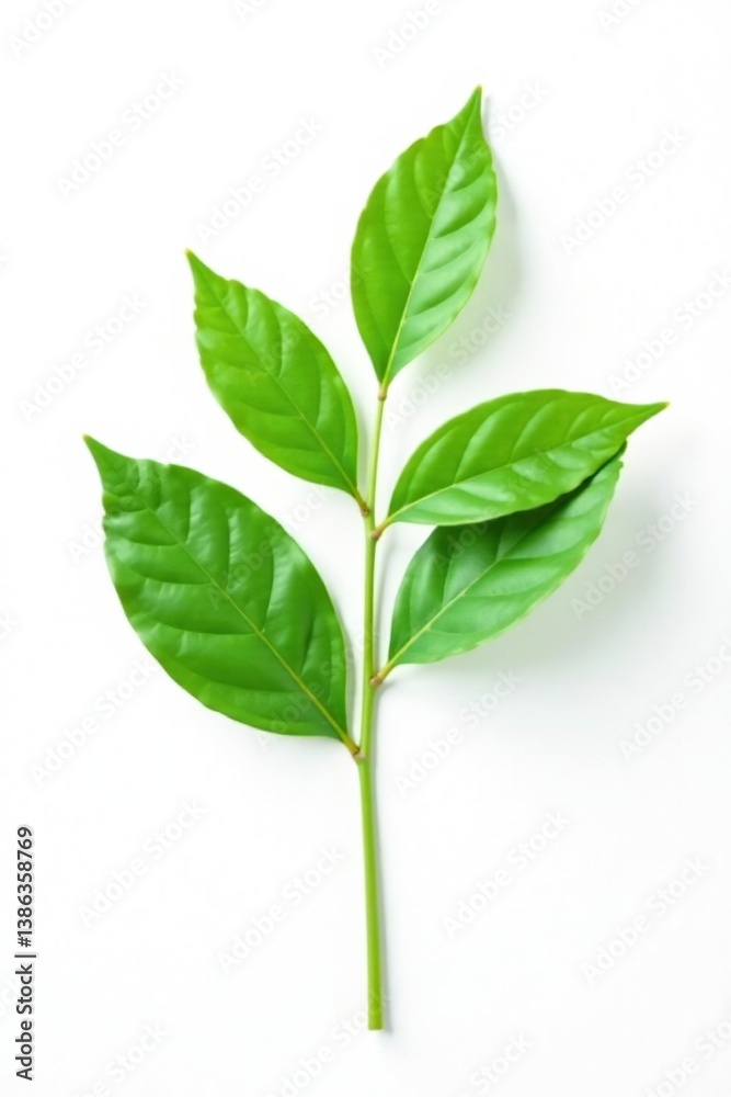 Fototapeta premium White background with a single stem and leaves, nature, botanical, green