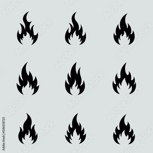 Flaming Icon Array: A set of nine stylized, minimalist fire icons, presented in a grid. The graphic conveys energy, intensity, and dynamism, perfect for visual communication.