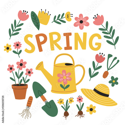 Springtime Garden Bloom: A vibrant springtime illustration bursts with life, showcasing a cheerful watering can surrounded by blooming flowers, gardening tools, and a stylish sun hat.