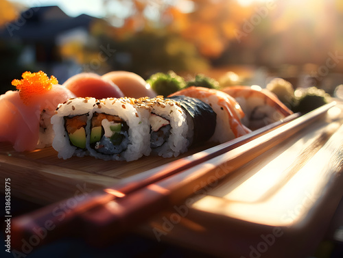Close-up of sushi platter with chopsticks