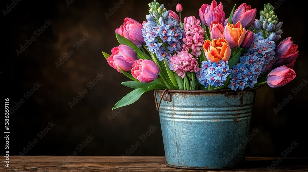 Fototapeta premium Spring tulips hyacinths bouquet rustic bucket dark background greeting card