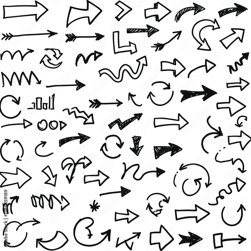 Arrows Collection: An illustrative arrangement showcasing a multitude of hand-drawn arrows, each distinct in form and direction, set against a clean backdrop, perfect for design and navigation. Arrows Collection: An illustrative arrangement showcasing a multitude of hand-drawn arrows, each distinct in form and direction, set against a clean backdrop, perfect for design and navigation.