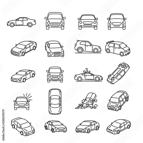 Varied Car Lineup: A collection of meticulously crafted car illustrations showcases diverse angles and styles, perfect for conveying motion, transportation, and automotive concepts.