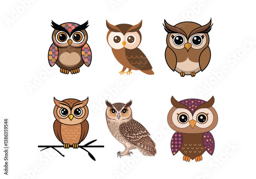 Wallpaper Mural Set of cute and colorful owl illustrations with different expressions and poses. Torontodigital.ca