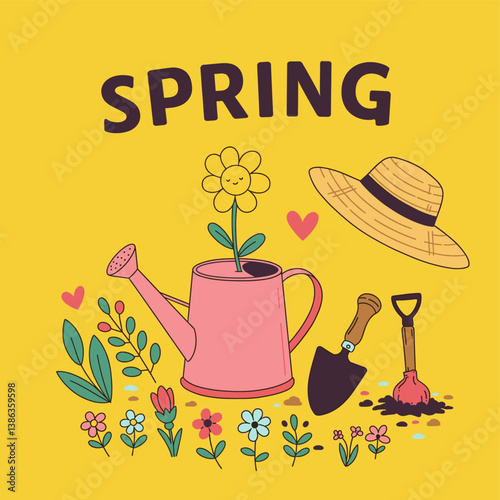 Springtime Gardening Bliss: Vibrant illustration showcases spring's arrival, with whimsical gardening tools and flora bursting with life.