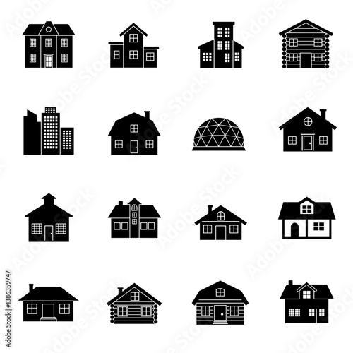 Homes and Architecture: Diverse and elegant selection of architectural style houses illustrated in monochromatic view.