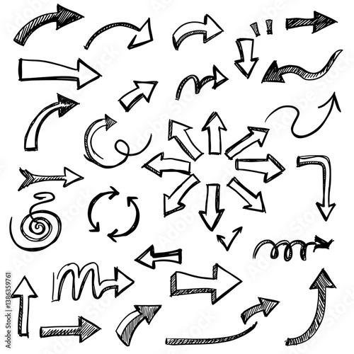 Variety of Arrows: A collection of diverse hand-drawn arrows pointing in multiple directions. They represent ideas and direction with simple line art style. 