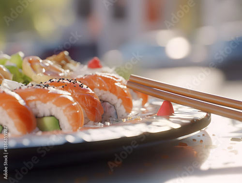 Close-up of sushi platter with chopsticks