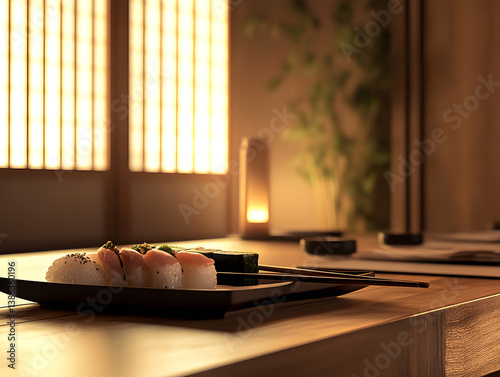 Close-up of sushi platter with chopsticks